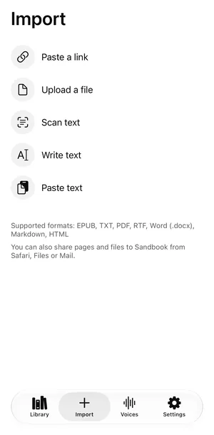 Sandbook's Import page on an iPhone: Paste a link, Upload a file, Scan text, Write text and Paste text, with the supported formats listed below