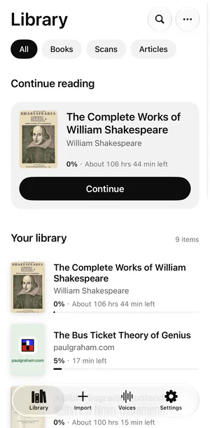 Sandbook's library on an iPhone with All, Books, Scans and Articles at the top: a Continue reading card for The Complete Works of William Shakespeare, then a saved web article, The Bus Ticket Theory of Genius from paulgraham.com, at 5% with 17 min left, among the books