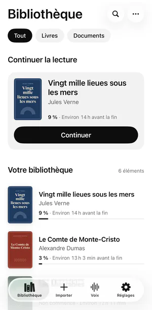 La Bibliothèque de Sandbook sur un iPhone : une carte Continuer la lecture pour Vingt mille lieues sous les mers à 9 %, environ 14 h avant la fin, puis les livres avec leur couverture, leur progression et le temps restant