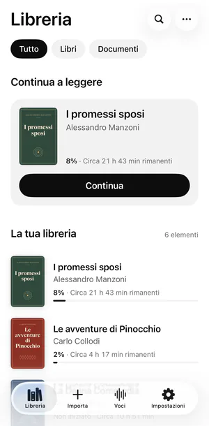 La Libreria di Sandbook su iPhone: una scheda Continua a leggere per I promessi sposi all’8%, circa 21 h 43 min rimanenti, poi i libri con copertina, avanzamento e tempo rimanente