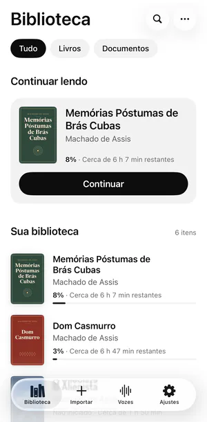 A Biblioteca do Sandbook no iPhone: o cartão Continuar lendo de Memórias Póstumas de Brás Cubas em 8%, com cerca de 6 h 7 min restantes, e abaixo os livros com capa, progresso e tempo restante