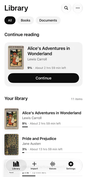 Sandbook's Library on an iPhone: a Continue reading card for Alice's Adventures in Wonderland at 9%, about 2 hrs 59 min left, then the books with their covers, progress and time left