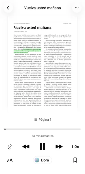 «Vuelva usted mañana» abierto en Sandbook en un iPhone como página PDF original, con el pasaje que se lee teñido de verde y, debajo, el reproductor: Página 1, 33 min restantes y velocidad 1,0×