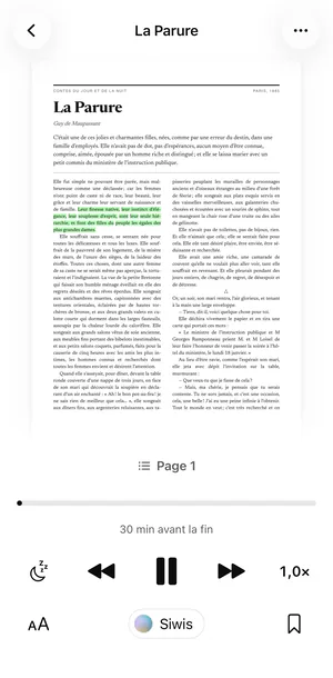 La Parure ouverte dans Sandbook sur un iPhone, telle que la page PDF d’origine, le passage lu teinté de vert, avec le lecteur audio en dessous : Page 1, 30 min avant la fin et vitesse 1,0×
