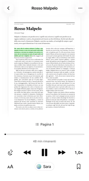 Rosso Malpelo aperto in Sandbook su iPhone come pagina PDF originale, con il passaggio in lettura colorato di verde e sotto il player: Pagina 1, 48 min rimanenti e velocità 1,0×