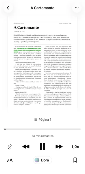 A Cartomante aberto no Sandbook num iPhone como página original do PDF, com o trecho em leitura destacado em verde e o player abaixo: Página 1, 33 min restantes e velocidade 1,0×