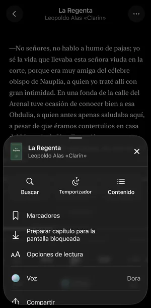 La Regenta con el tema Oscuro y el menú … abierto: Buscar, Temporizador, Contenido, Marcadores, Preparar capítulo para la pantalla bloqueada, Opciones de lectura, Voz y Compartir