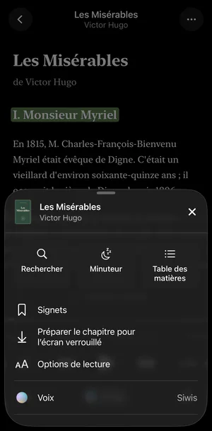 Les Misérables dans le thème Sombre, menu … ouvert : Rechercher, Minuteur, Table des matières, Signets, Préparer le chapitre pour l’écran verrouillé, Options de lecture et Voix