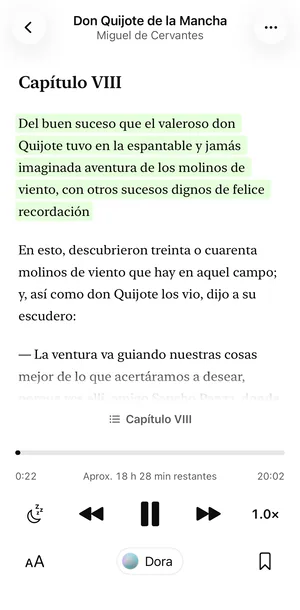 Don Quijote de la Mancha con el tema Claro de Sandbook y, debajo, el reproductor: progreso, temporizador, botones para saltar, velocidad 1,0×, la voz Dora y el botón de marcador