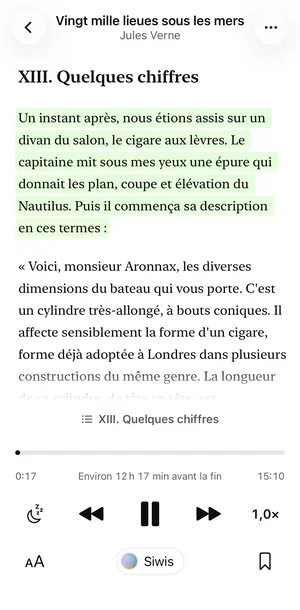 Vingt mille lieues sous les mers dans le thème Clair de Sandbook, avec le lecteur audio en dessous : progression, minuteur, boutons de saut, vitesse 1,0×, la voix Siwis et le bouton des signets