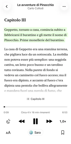 Le avventure di Pinocchio nel tema Chiaro di Sandbook, con il player sotto: avanzamento, timer, pulsanti per saltare, velocità 1,0×, la voce Sara e il pulsante dei segnalibri