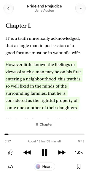 Sandbook's reader on an iPhone reading Pride and Prejudice aloud, the current paragraph tinted, and the player underneath: progress, sleep timer, 1.0× speed and the Heart voice.