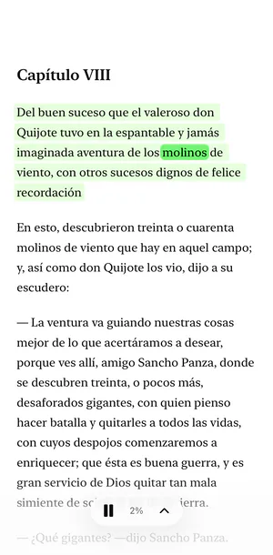 El lector de Sandbook en un iPhone: Don Quijote de la Mancha con el párrafo que se está leyendo teñido de verde y, dentro, marcada la palabra que suena, «molinos»