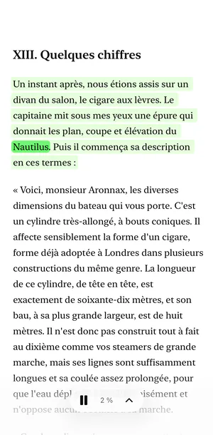 Le lecteur de Sandbook sur un iPhone : Vingt mille lieues sous les mers, avec le paragraphe en cours teinté de vert et, à l’intérieur, le mot prononcé, « Nautilus », marqué