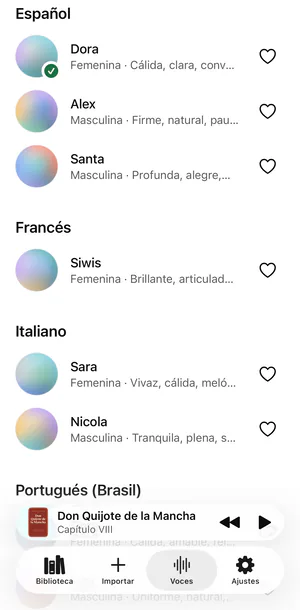 La pestaña Voces de Sandbook en un iPhone: las voces en español Dora, Alex y Santa, y después las de francés, italiano y portugués de Brasil, cada una con una breve descripción y un corazón