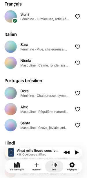 L’onglet Voix de Sandbook sur un iPhone : la voix française Siwis, puis les voix italiennes Sara et Nicola et les voix brésiliennes Dora, Alex et Santa, chacune avec une courte description et un cœur