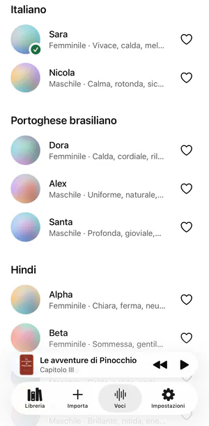 La scheda Voci di Sandbook su iPhone: le voci italiane Sara e Nicola, poi quelle in portoghese brasiliano e in hindi, ognuna con una breve descrizione e un cuore