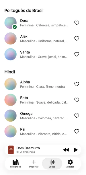 A aba Vozes do Sandbook no iPhone: as vozes em português do Brasil Dora, Alex e Santa, depois as vozes em hindi, cada uma com uma descrição curta e um coração