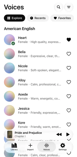 Sandbook's Voices tab on an iPhone: Explore, Recents and Favorites at the top, then American English voices such as Heart, Bella, Nicole and Alloy, each with a short description and a heart