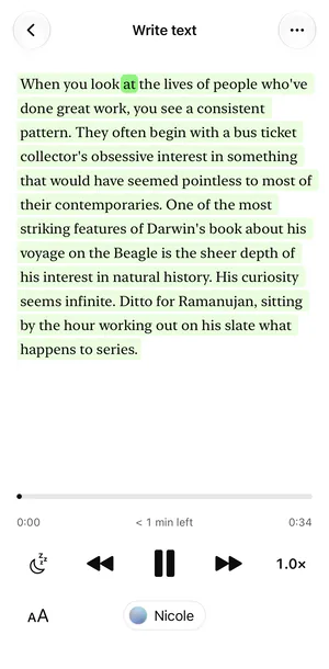 Sandbook on an iPhone reading a pasted paragraph aloud from Write text, the paragraph tinted and the spoken word marked, with the player below and the Nicole voice.