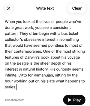 Sandbook's Write text screen on an iPhone with a pasted paragraph, a count of 492 characters and the Play button