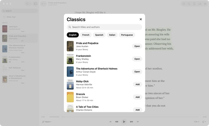 The Classics sheet in Sandbook on a Mac, with language tabs and public-domain books such as Pride and Prejudice, Frankenstein and Moby-Dick.