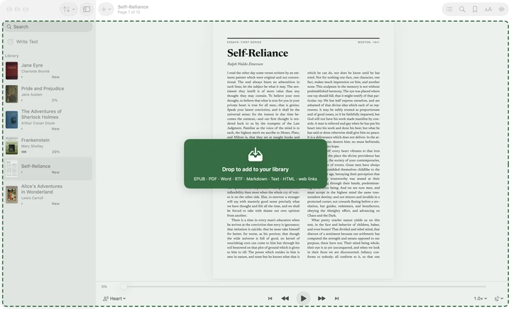 A file being dragged onto the Sandbook window, with a PDF of Self-Reliance open behind it: a green panel reads Drop to add to your library, above the file types it accepts.
