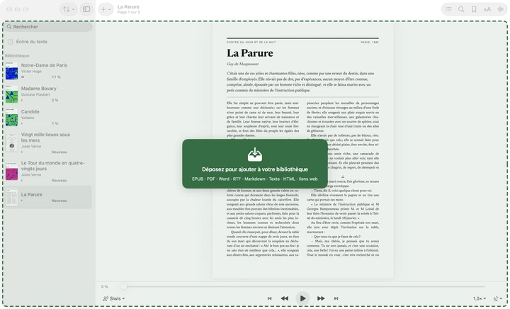 Un fichier glissé sur la fenêtre de Sandbook, avec le PDF de La Parure ouvert derrière : un panneau vert indique Déposez pour ajouter à votre bibliothèque, au-dessus des types de fichiers acceptés.