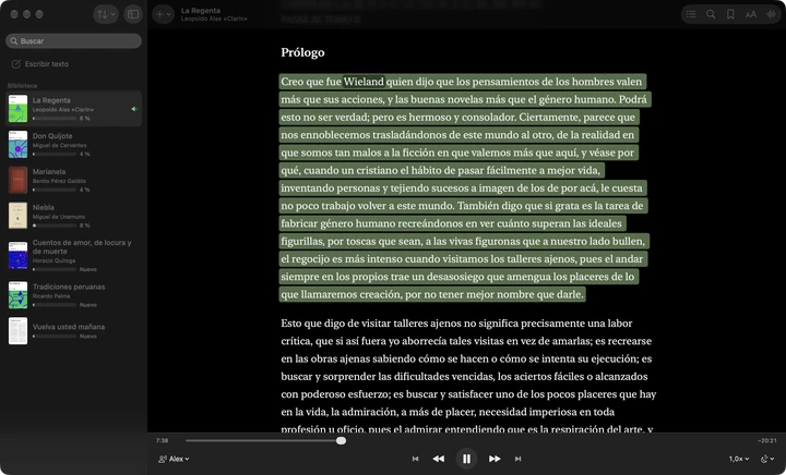 Sandbook en un Mac con el tema oscuro, leyendo en voz alta el prólogo de La Regenta con la voz Alex, el párrafo actual resaltado y la palabra pronunciada marcada.
