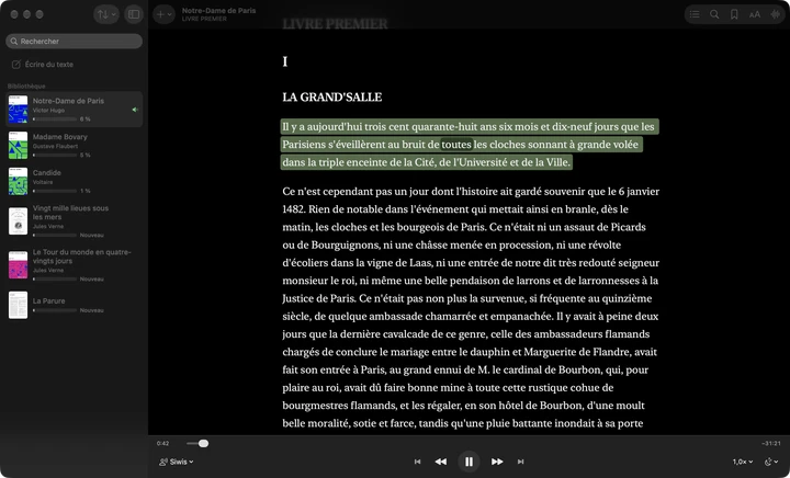 Sandbook sur un Mac en thème sombre, lisant à voix haute le livre premier de Notre-Dame de Paris avec la voix Siwis, le paragraphe en cours surligné et le mot prononcé marqué.