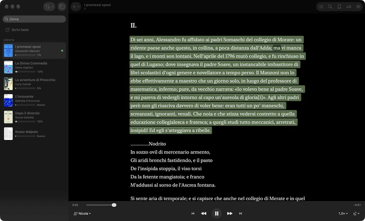 Sandbook su un Mac con il tema scuro, mentre legge ad alta voce I promessi sposi con la voce Nicola, il paragrafo corrente evidenziato e la parola pronunciata segnata.