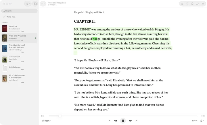 Sandbook on a Mac: Write Text and the library in the sidebar, chapter II of Pride and Prejudice open beside it with the paragraph being read highlighted and the spoken word marked, and the player along the bottom.