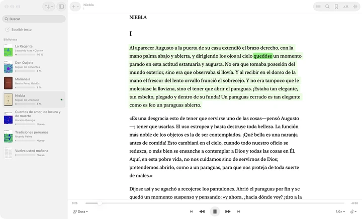 Sandbook en un Mac: Escribir texto y la biblioteca en la barra lateral, el primer capítulo de Niebla de Unamuno abierto al lado con el párrafo que se lee resaltado y la palabra pronunciada marcada, y el reproductor abajo.