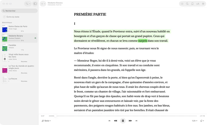 Sandbook sur un Mac : Écrire du texte et la bibliothèque dans la barre latérale, le début de Madame Bovary ouvert à côté avec le paragraphe lu surligné et le mot prononcé marqué, et le lecteur en bas de la fenêtre.