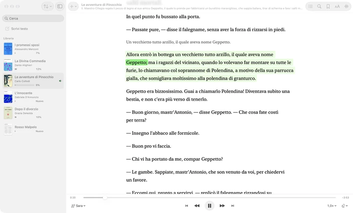 Sandbook su un Mac: Scrivi testo e la libreria nella barra laterale, il capitolo II de Le avventure di Pinocchio aperto accanto con il paragrafo letto evidenziato e la parola pronunciata segnata, e il lettore in basso.