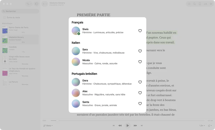Le choix des voix de Sandbook sur un Mac, avec la voix française Siwis puis les voix italiennes et portugaises du Brésil, chacune avec une courte description.
