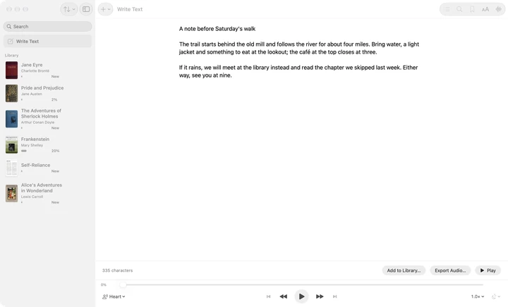 Write Text selected at the top of the Sandbook sidebar on a Mac, with a short typed note about a Saturday walk in the editor and the buttons Add to Library…, Export Audio… and Play below it.