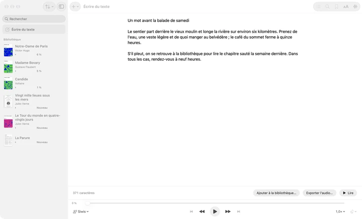 Écrire du texte sélectionné en haut de la barre latérale de Sandbook sur un Mac, avec un court mot sur la balade de samedi tapé dans l’éditeur et, en dessous, les boutons Ajouter à la bibliothèque…, Exporter l’audio… et Lire.