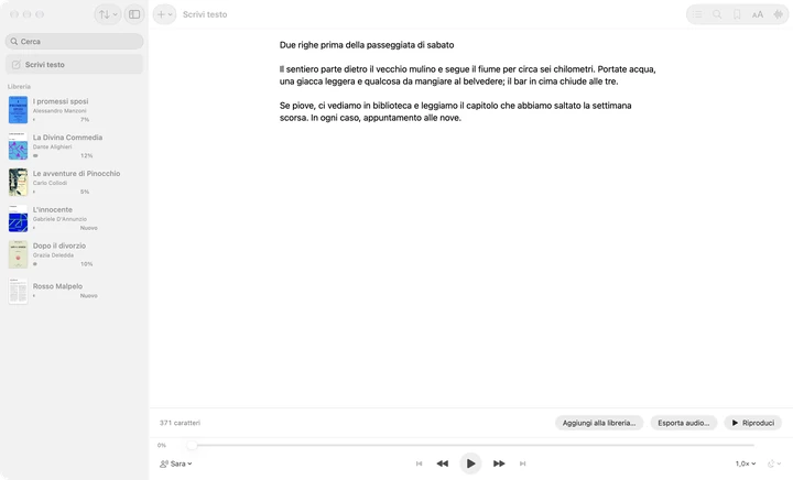 Scrivi testo selezionato in cima alla barra laterale di Sandbook su un Mac, con un breve messaggio sulla passeggiata di sabato scritto nell’editor e sotto i pulsanti Aggiungi alla libreria…, Esporta audio… e Riproduci.