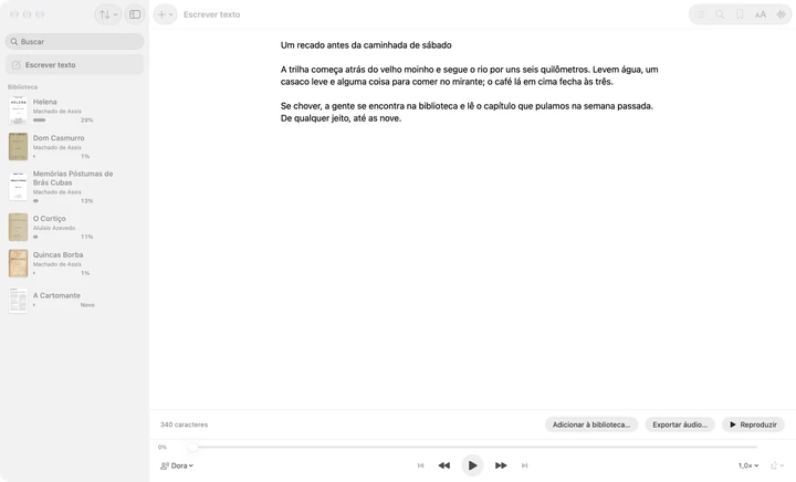 Escrever texto selecionado no alto da barra lateral do Sandbook em um Mac, com um recado curto sobre a caminhada de sábado digitado no editor e, embaixo, os botões Adicionar à biblioteca…, Exportar áudio… e Reproduzir.