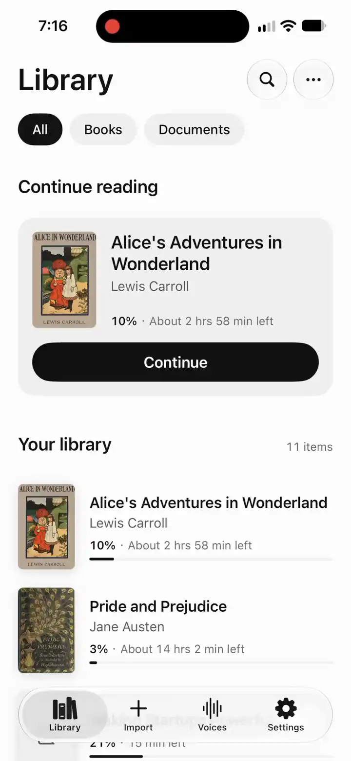 Sandbook on an iPhone: the library, a chapter of Alice's Adventures in Wonderland read aloud with each word marked as it is spoken, the voice list, the Import page, and a web article read aloud