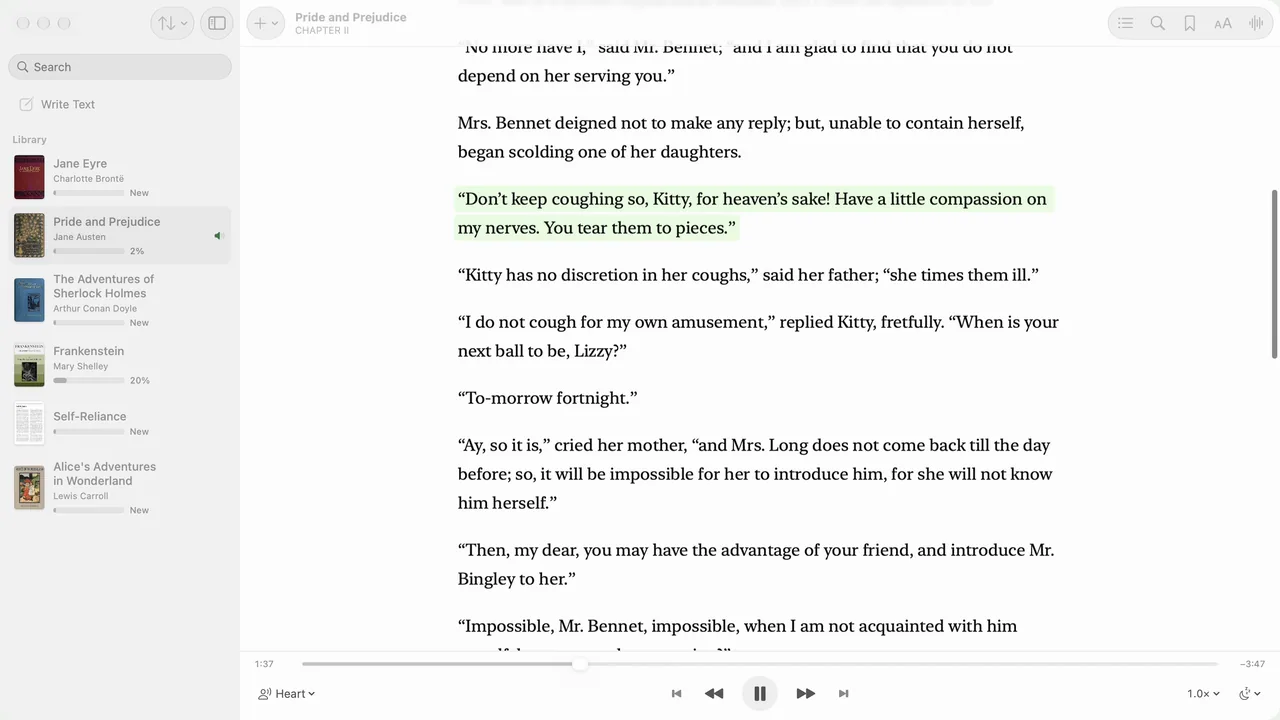 Sandbook for Mac reading aloud in five voices, with its sound: chapter II of Pride and Prejudice read in the Heart voice with each word marked as it is spoken, the voice list, the British voice George, a page of a PDF read by Emma with the sentence highlighted on the page, the Spanish novel Niebla read by Dora in the dark theme, a file dropped onto the window, and Write Text read by Michael